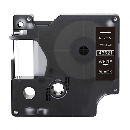 Ruban adhésif compatible Dymo 43621, blanc sur noir, 6 mm